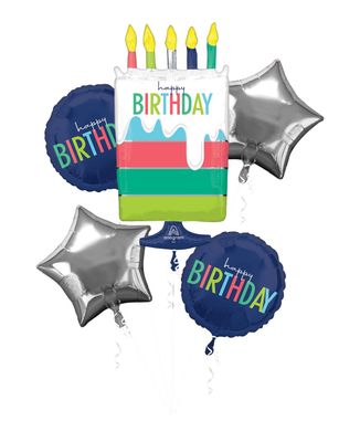 Birthday Cake/Round/Star Satin Foil Balloon Bouquet, Navy Blue/Silver, 5-pk, Helium Inflation &amp; Ribbon Included