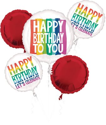 &quot;Happy Birthday to You&quot; Round Satin Foil Balloon Bouquet, Red/White, Rainbow, 5-pk, Helium Inflation &amp; Ribbon Included