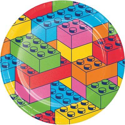 Block Bash Round Paper Disposable Dinner Plates, Multi-Colour, 9-in, 8-pk