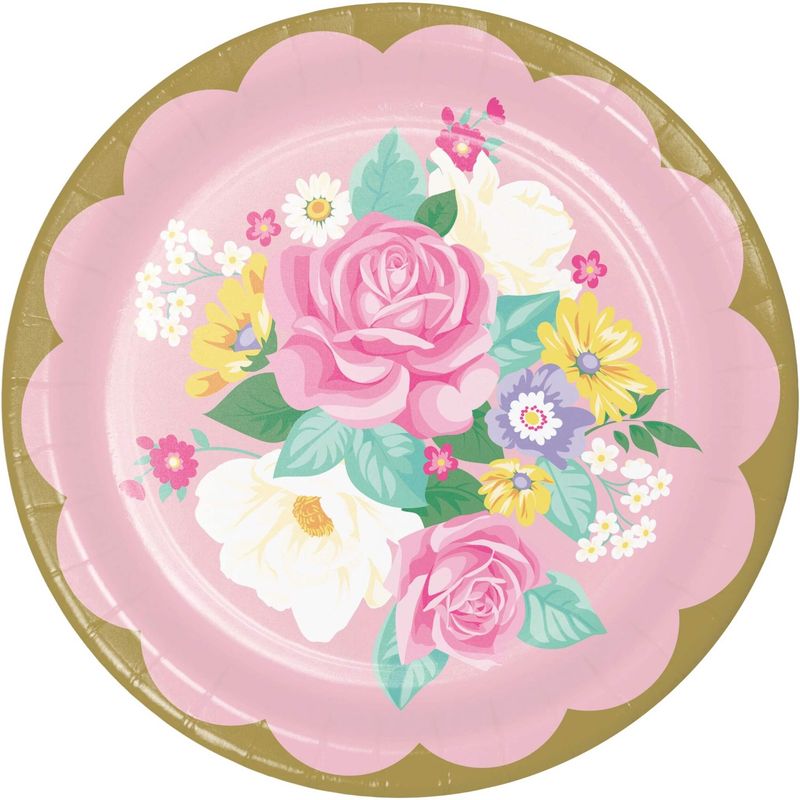 Floral Tea Party Round Paper Disposable Lunch Plates, Pink, Floral, 9-in, 8-pk