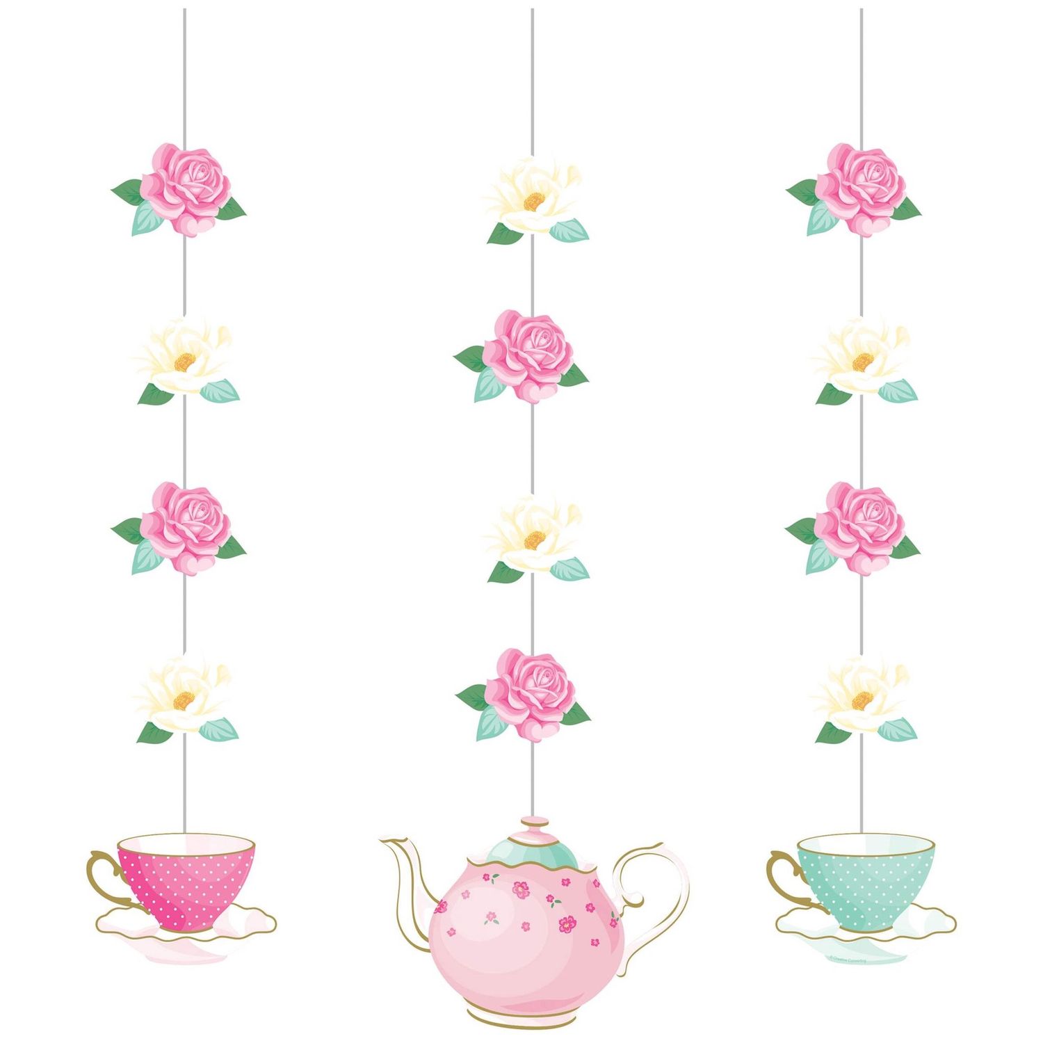 Floral Tea Party String Hanging Decorations, Pink/Blue, 32-in, 3-pk,