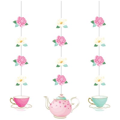 Floral Tea Party String Hanging Decorations, Pink/Blue, 32-in, 3-pk,