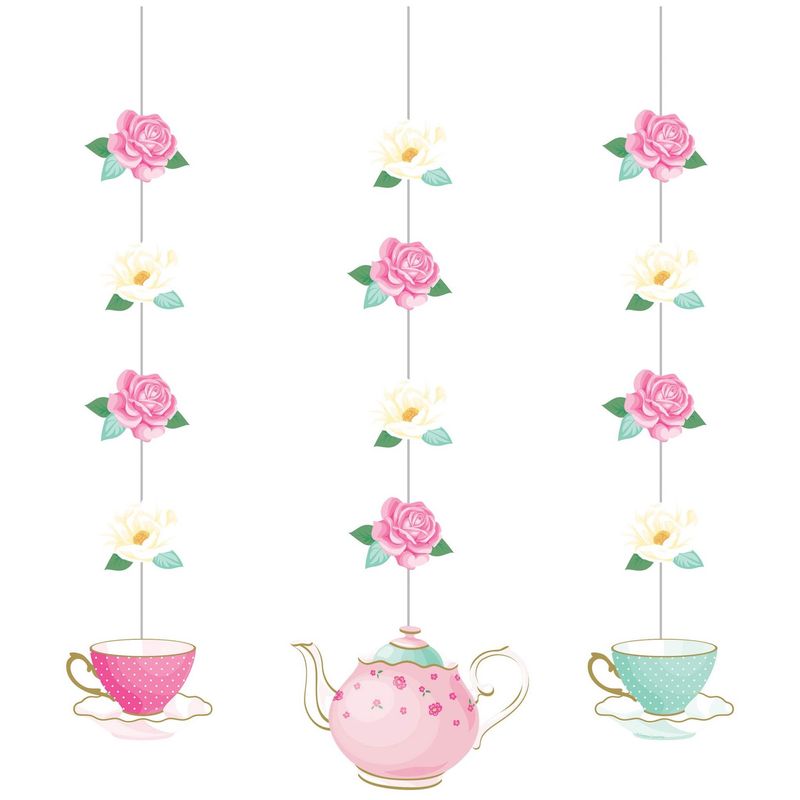 Floral Tea Party String Hanging Decorations, Pink/Blue, 32-in, 3-pk,