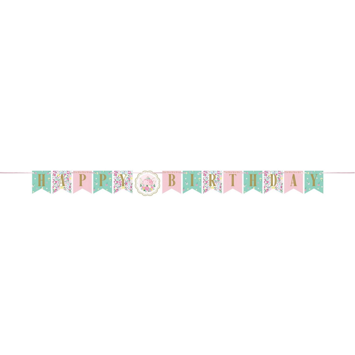 Floral Tea Party &quot;Happy Birthday&quot; Hanging Garland Banner Decoration, Pink/Blue, 78-in