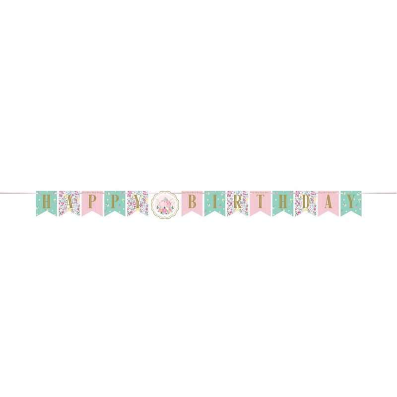 Floral Tea Party &quot;Happy Birthday&quot; Hanging Garland Banner Decoration, Pink/Blue, 78-in