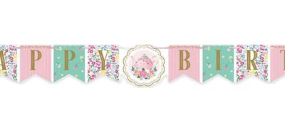 Floral Tea Party "Happy Birthday" Hanging Garland Banner Decoration, Pink/Blue, 78-in