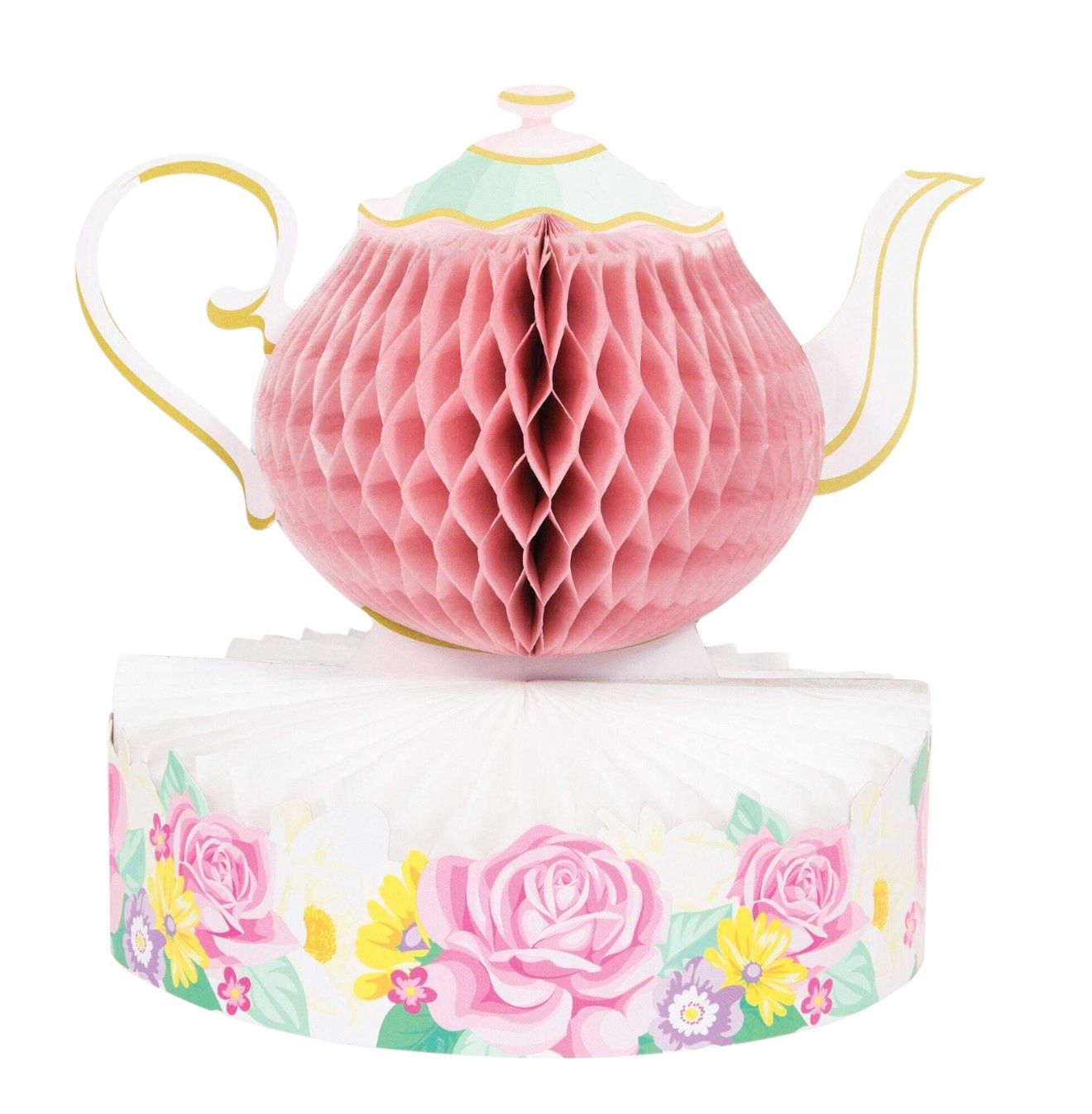 Floral Tea Party Tea Pot Sign Table Centerpiece Decoration, Pink, 10-in