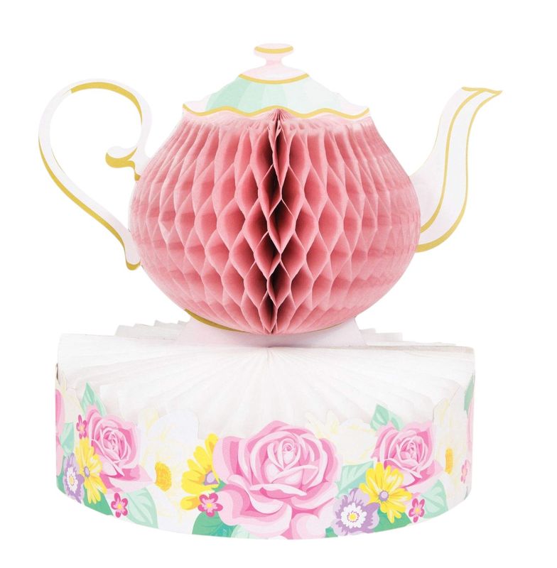 Floral Tea Party Tea Pot Sign Table Centerpiece Decoration, Pink, 10-in