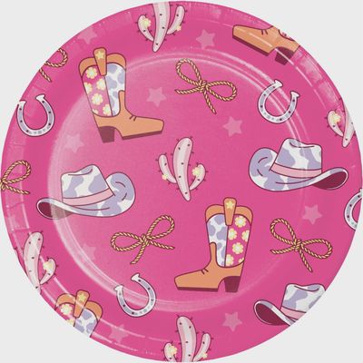 Boots and Bows Birthday Large Round Lunch Paper Plates, 9 Inches, 8 Count