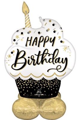AirLoonz Happy Birthday Satin Black, Silver &amp; Gold Balloon – 52&quot; Air-Filled Display