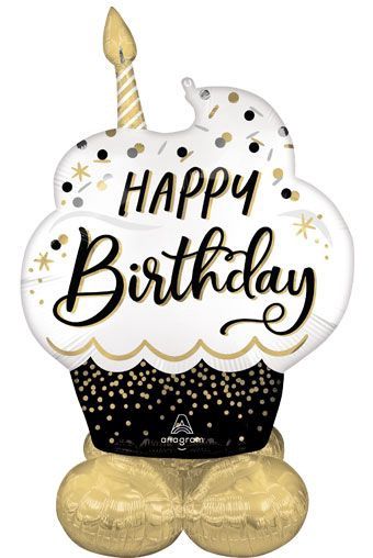 AirLoonz Happy Birthday Satin Black, Silver &amp; Gold Balloon – 52&quot; Air-Filled Display