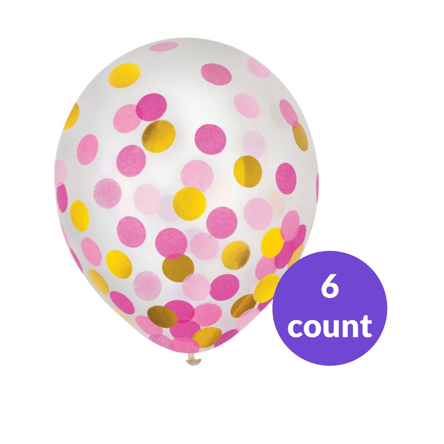 Round Transparent Confetti Latex Balloons, Pink/Gold, 12-in, 6-pk, INFLATION: Un-Filled