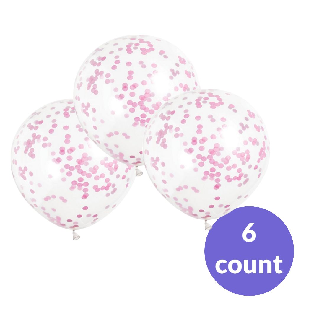 Clear Latex Balloons with Hot Pink Confetti – 12&quot; | 6 Count (Pre-Filled), INFLATION: Helium-Filled($)Pick-Up Only