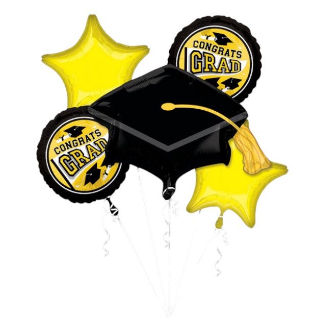 School Colours &quot;Congrats Grad&quot; Graduation Cap/Star Satin Foil Balloon Bouquet, Yellow/Black, 5-pk