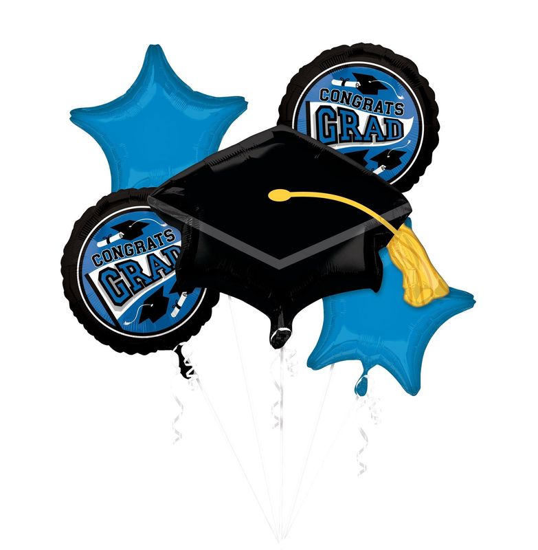 &quot;Congrats Grad&quot; Graduation Cap/Star Satin Foil Balloon Bouquet, Blue/Black, 5-pk