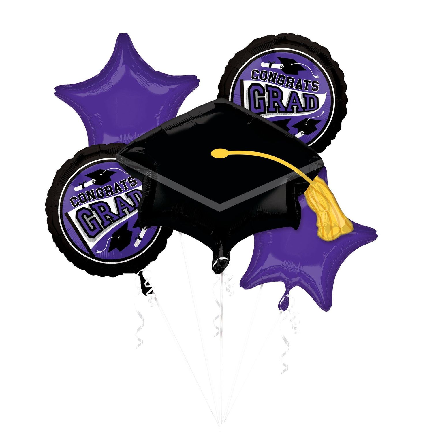 &quot;Congrats Grad&quot; Graduation Cap/Star Satin Foil Balloon Bouquet, Purple/Black, 5-pk, Helium Inflation &amp; Ribbon Included