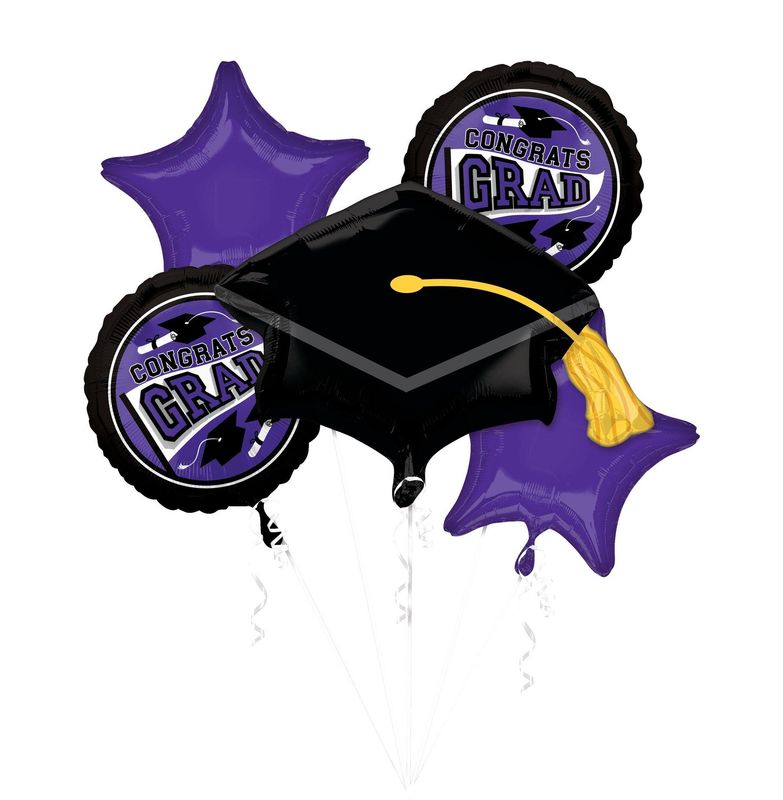 &quot;Congrats Grad&quot; Graduation Cap/Star Satin Foil Balloon Bouquet, Purple/Black, 5-pk, Helium Inflation &amp; Ribbon Included