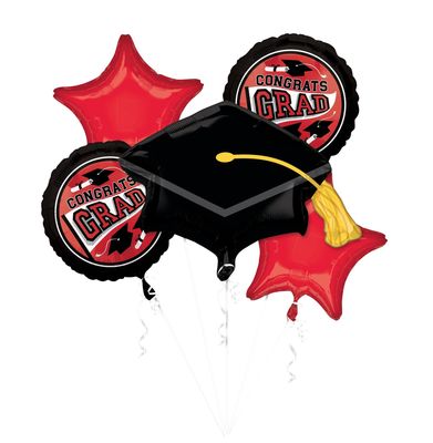 &quot;Congrats Grad&quot; Graduation Cap/Star Satin Foil Balloon Bouquet, Red/Black, 5-pk, Helium Inflation &amp; Ribbon Included