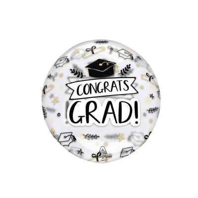 &quot;Congrats Grad&quot; Orbz Transparent Print Clearz Foil Balloon, Black/White, 17-in