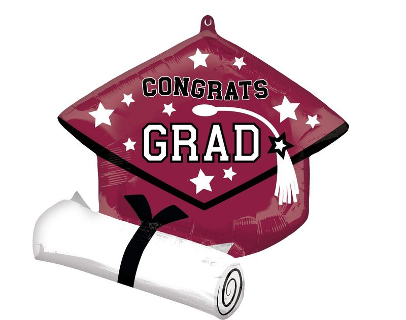 &quot;Congrats Grad&quot; Graduation Cap Satin Foil Balloon, Maroon, 24-in