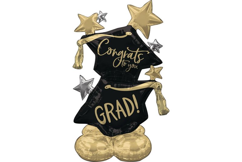 &quot;Congrats Grad&quot; Graduation Cap Satin Foil Balloon, Black/Gold, 50-in, Air-Filled