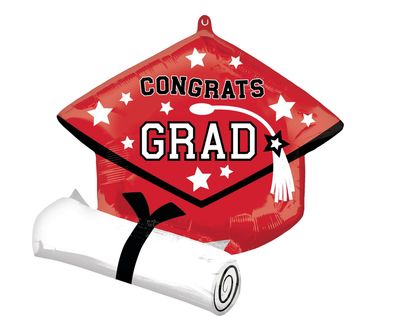 &quot;Congrats Grad&quot; Graduation Cap Satin Foil Balloon, Red, 24-in