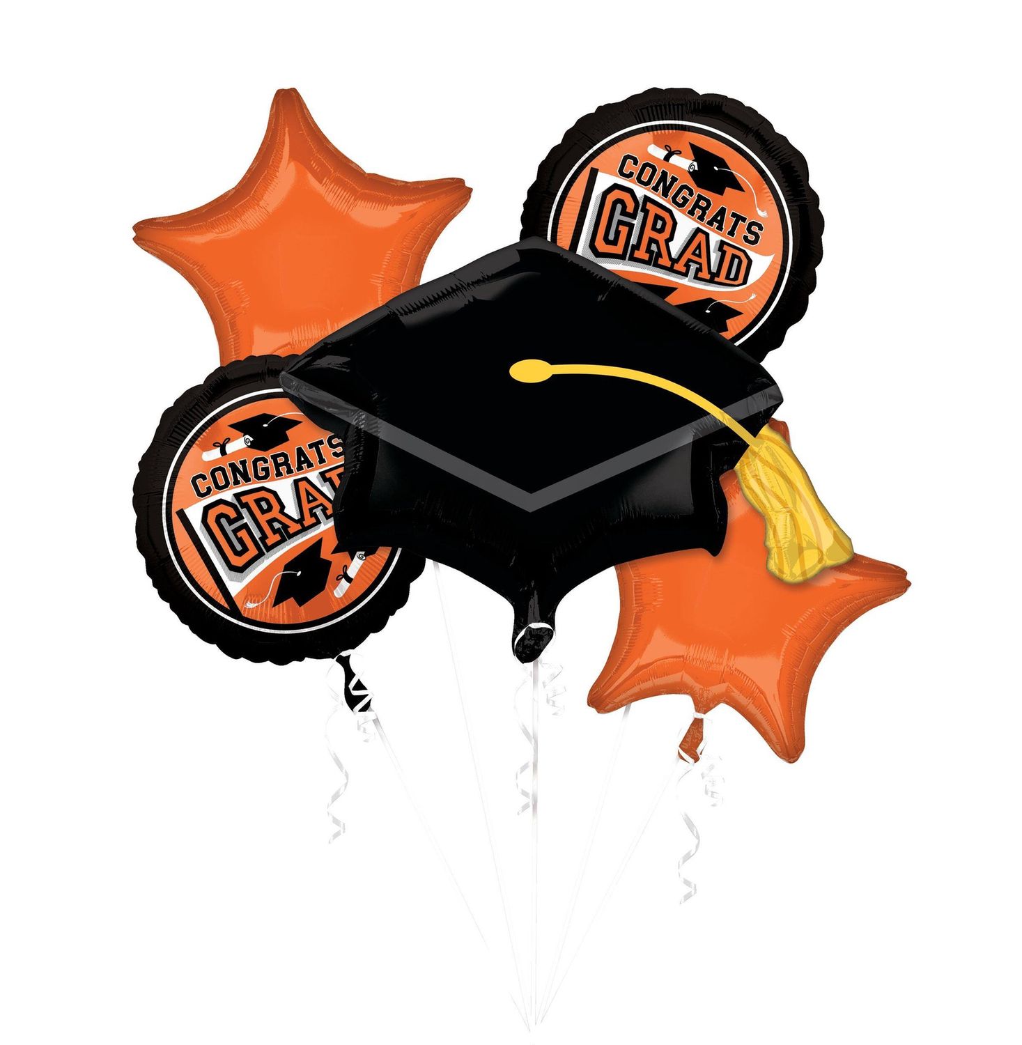 &quot;Congrats Grad&quot; Graduation Cap/Star Satin Foil Balloon Bouquet, Orange/Black, 5-pk