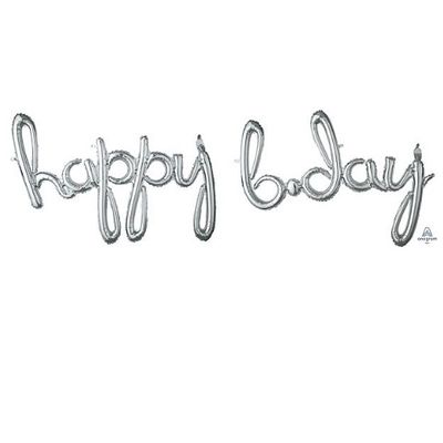 Cursive Script &quot;HAPPY BDAY&quot; Silver Balloon Phrase – Air-Fill Only