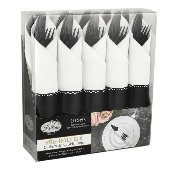 Pre-Rolled Premium Plastic Cutlery &amp; Napkin Sets 10ct