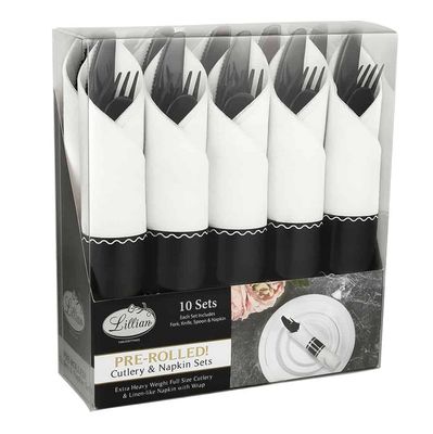 Pre-Rolled Premium Plastic Cutlery &amp; Napkin Sets 10ct