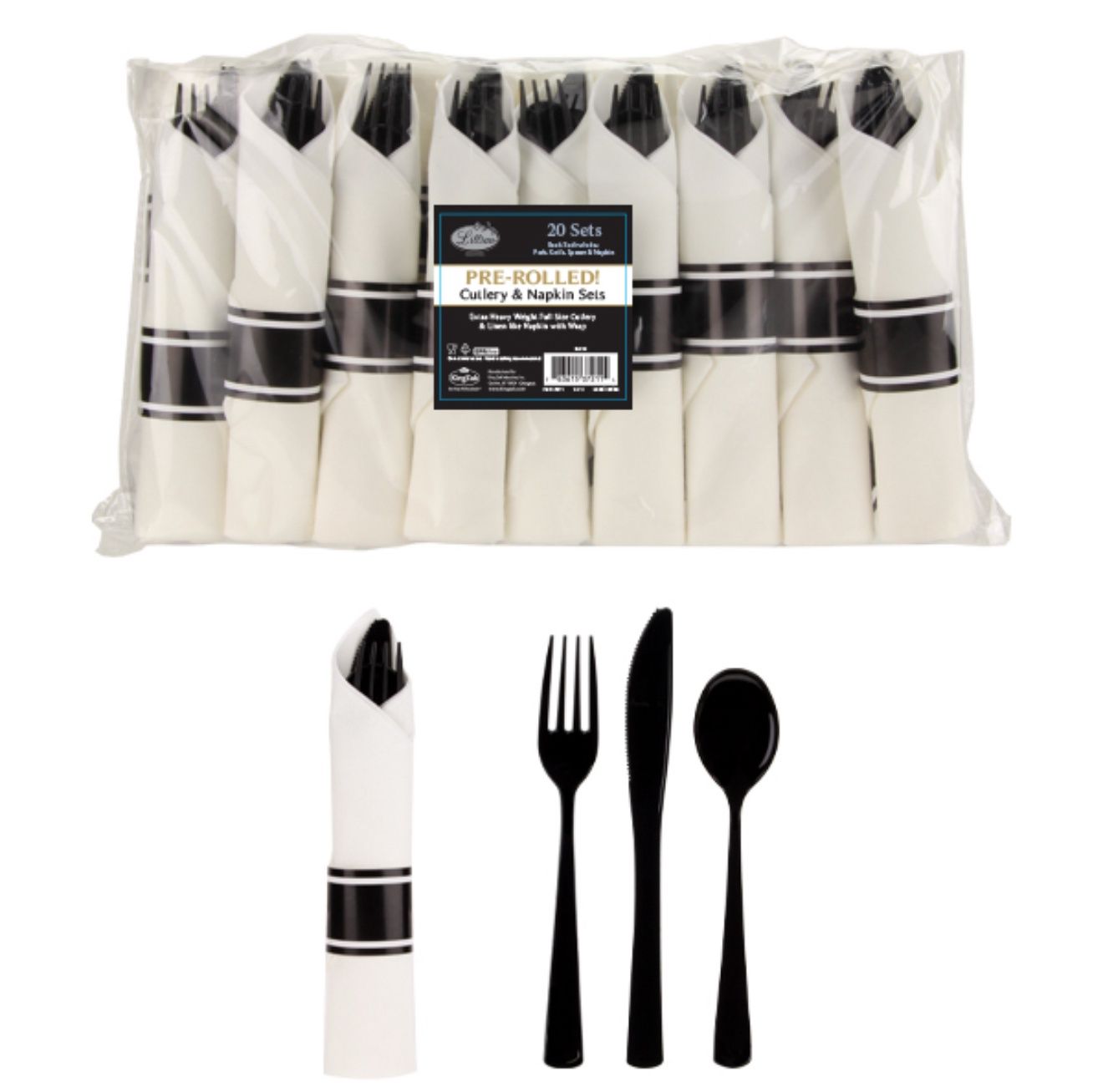 Black Pre-Rolled Premium Plastic Cutlery &amp; Napkin Sets 20ct