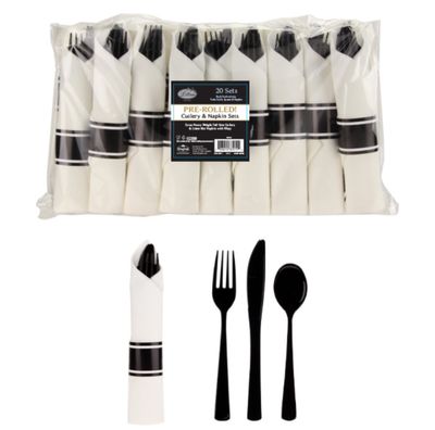 Black Pre-Rolled Premium Plastic Cutlery &amp; Napkin Sets 20ct