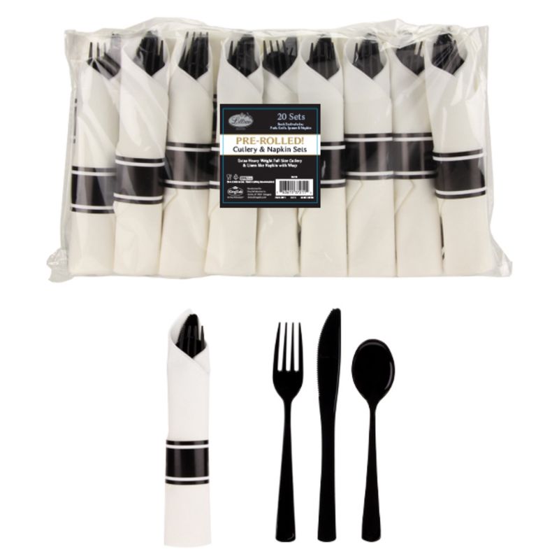 Black Pre-Rolled Premium Plastic Cutlery &amp; Napkin Sets 20ct