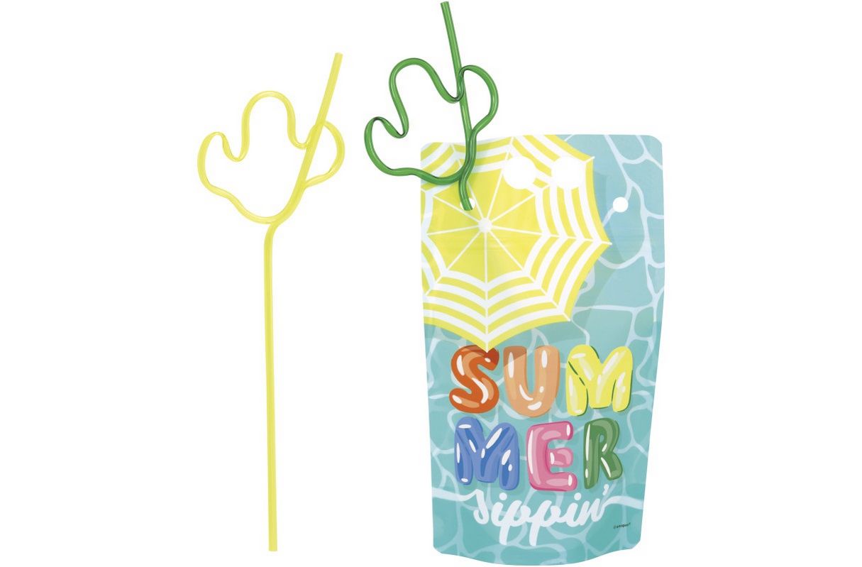 Summer Fun &quot;Summer Sippin&quot; 18oz Drink Pouches with Cactus Shaped Straws – 4ct