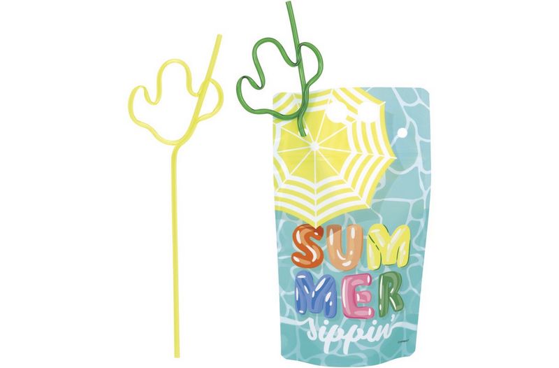 Summer Fun &quot;Summer Sippin&quot; 18oz Drink Pouches with Cactus Shaped Straws – 4ct