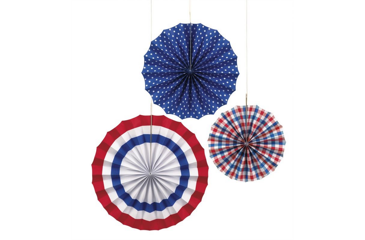 Red  White &amp; Blue Patriotic Assorted Paper Fan Decorations  3ct