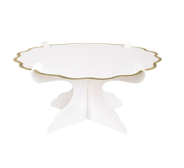 White &amp; Gold Foil Scalloped Paperboard Cake Stand – Elegant Display Made Easy