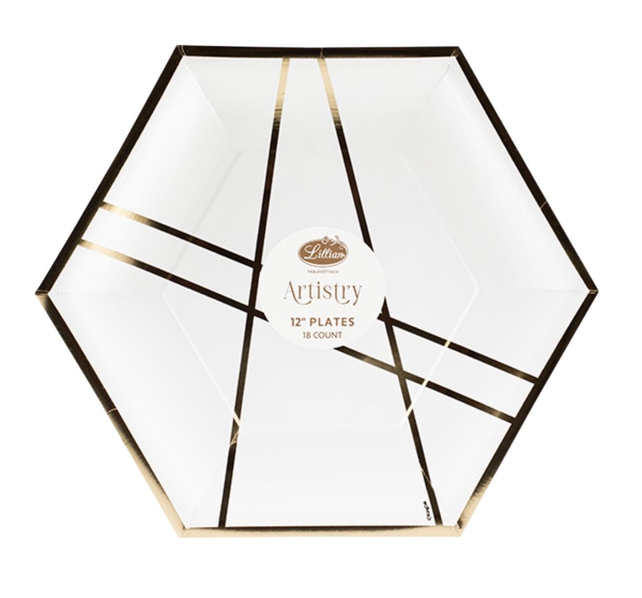Hexagon Paper Plates – White Geo with Gold Design (18ct), SIZE &amp; VARIETY: 12&quot;-18ct