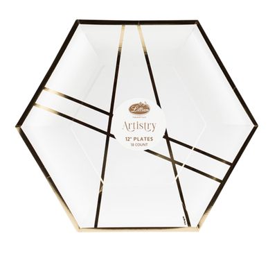 Hexagon Paper Plates – White Geo with Gold Design (18ct)