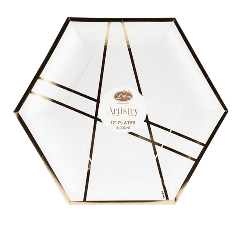 Hexagon Paper Plates – White Geo with Gold Design (18ct)