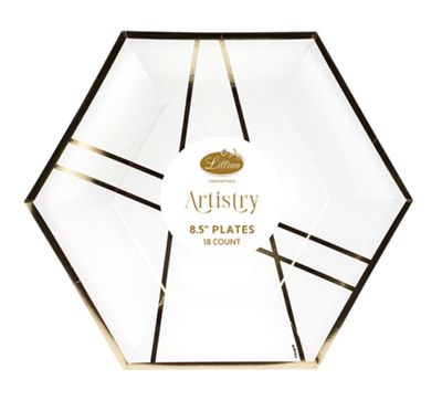 Hexagon Paper Plates – White Geo with Gold Design (18ct)