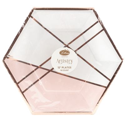 Hexagon Paper Plates – White Geo with Rose Gold &amp; Blush Design (18ct)