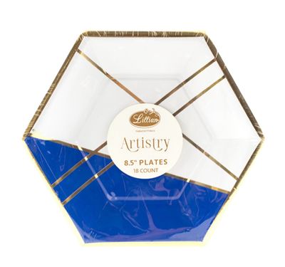Hexagon Paper Plates – Royal Blue Geo (18ct)