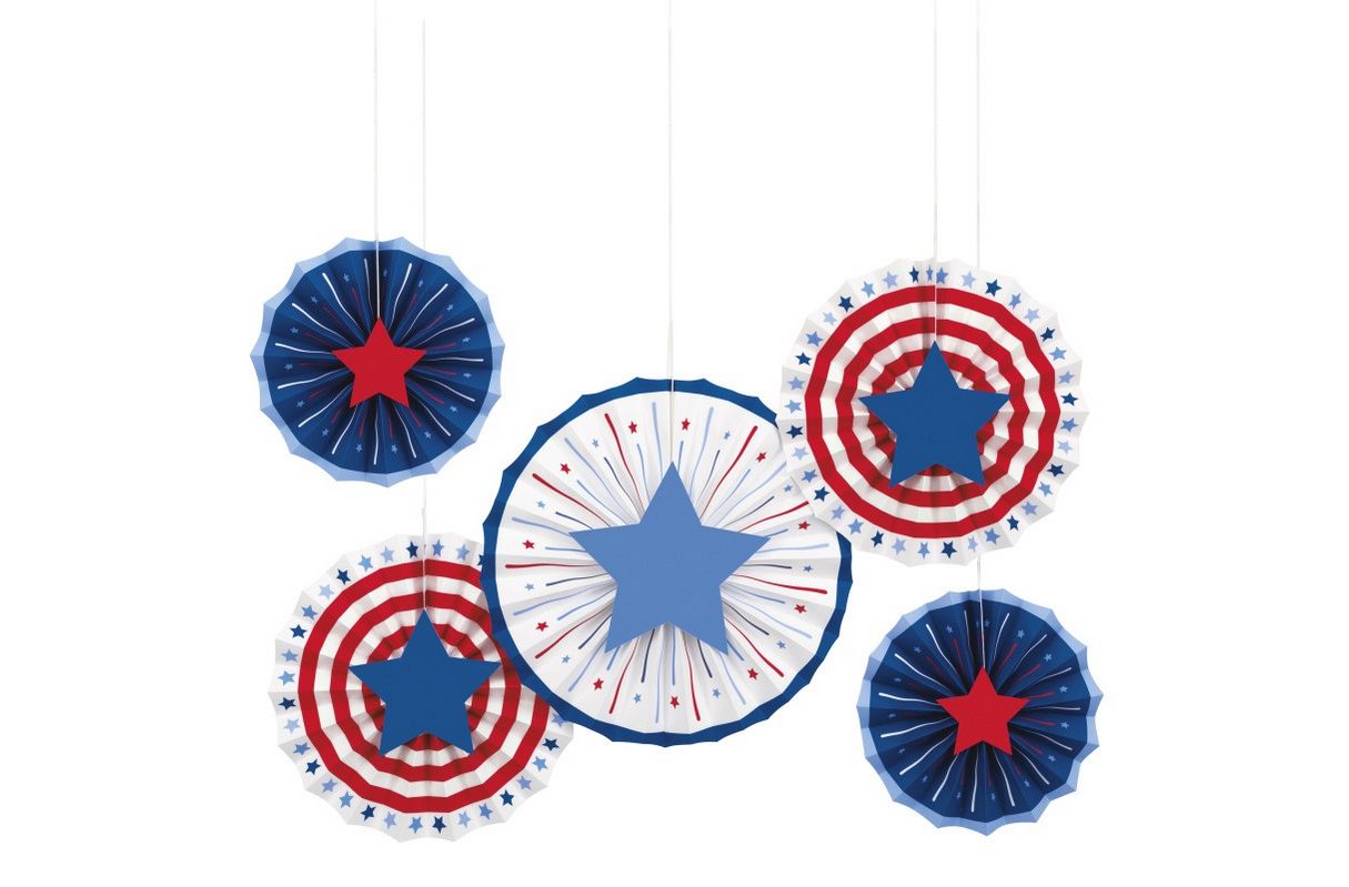 Patriotic USA Assorted Paper Fan Decorations with Diecut Stars  5ct