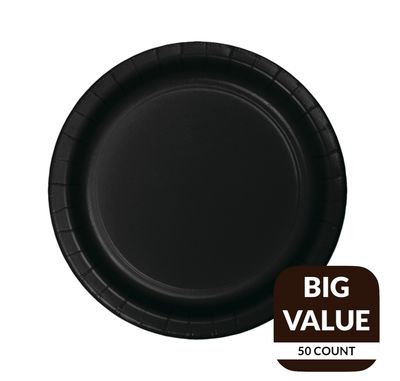 Black Solid Round 7&quot; Dessert Paper Plates – 50 Count