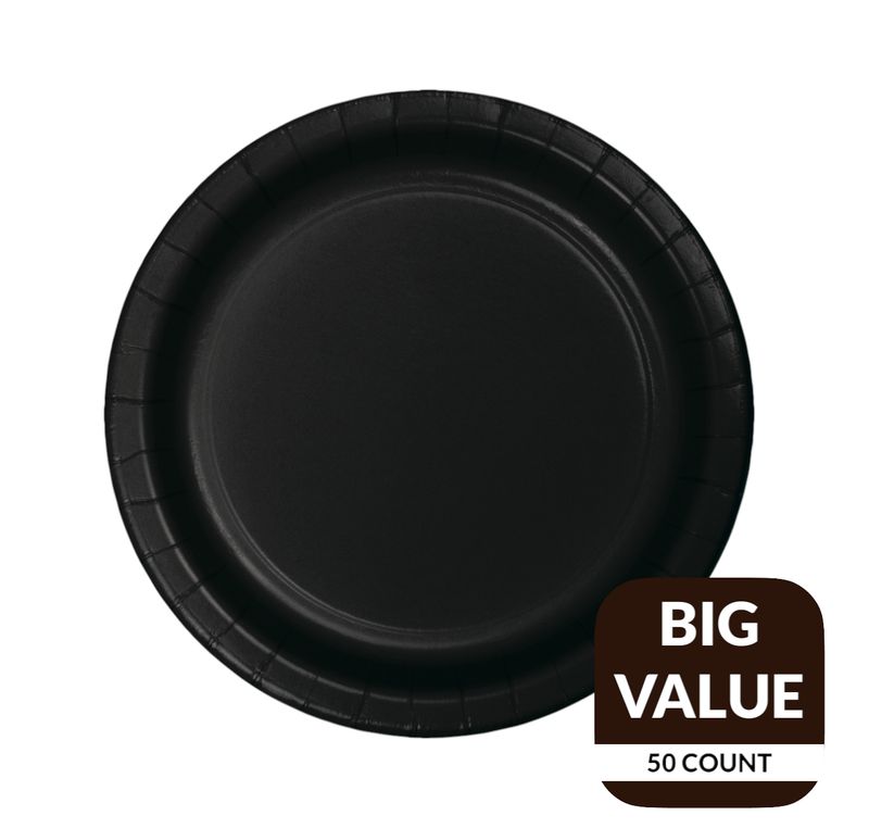 Black Solid Round 7&quot; Dessert Paper Plates – 50 Count