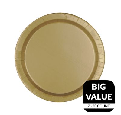 Gold Solid Round 7&quot; Dessert Paper Plates – 50 Count