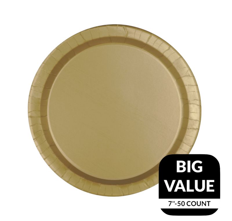 Gold Solid Round 7&quot; Dessert Paper Plates – 50 Count