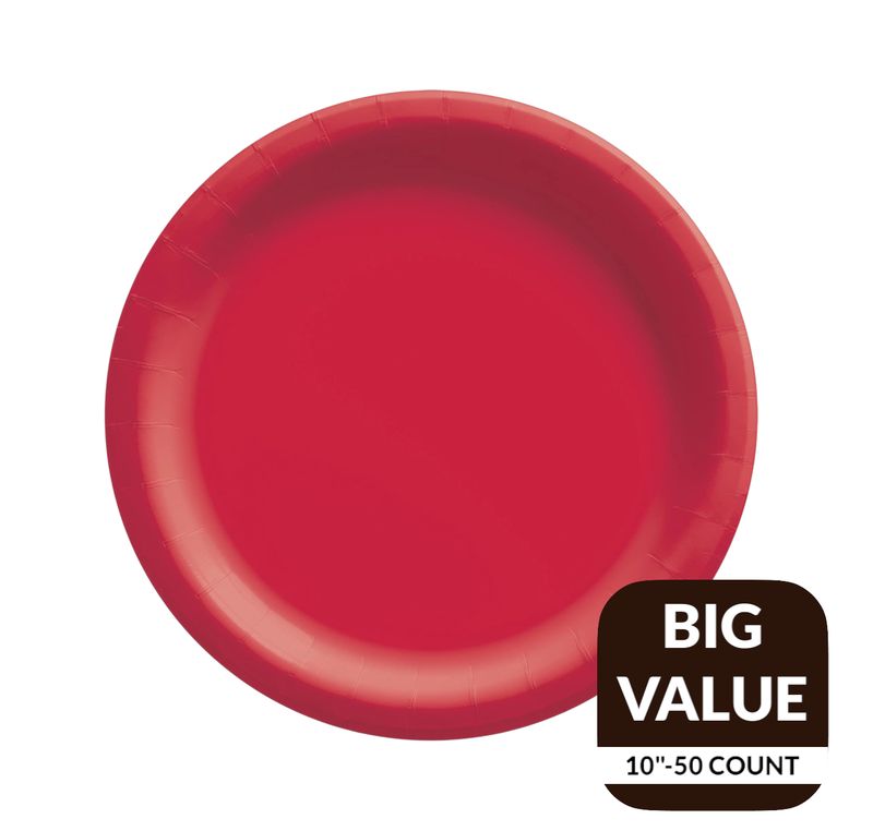 Ruby Red Solid Round 10&quot; Dinner Paper Plates – 50 Count