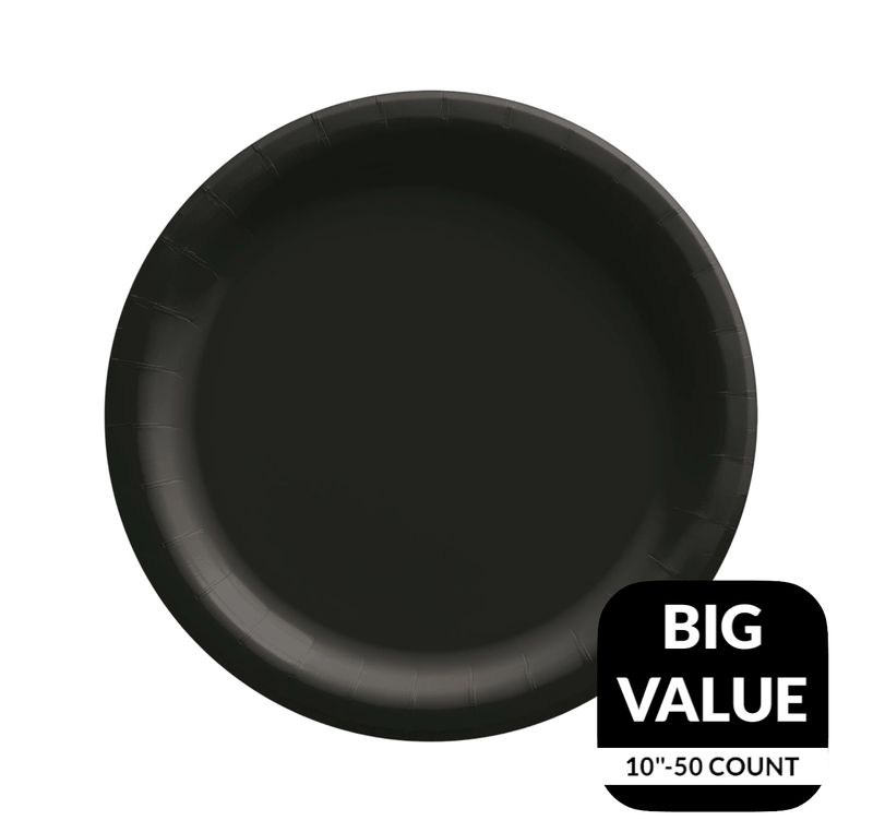 Midnight Black Solid Round 10&quot; Dinner Paper Plates – 50ct